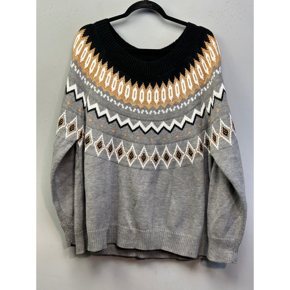 crown & ivy Sweaters - Crown & Ivy Sweater Women 3X Grey Fair Isle Metallic Scoop Neck Long Sleeve‎